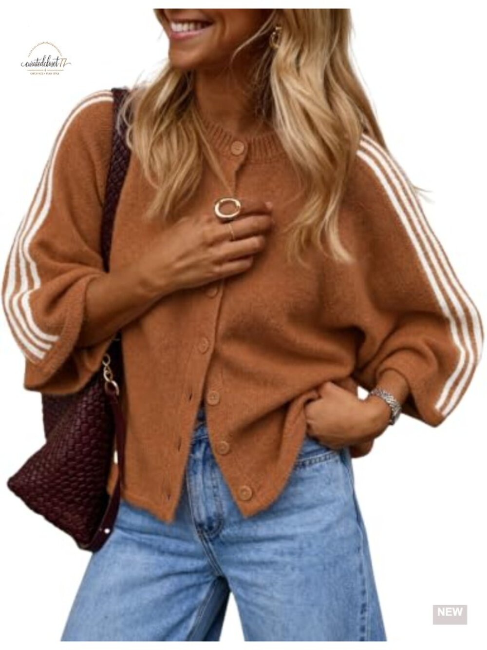 Oversized Striped Cardigan 3/4 Sleeve Button Front Knit Sweater